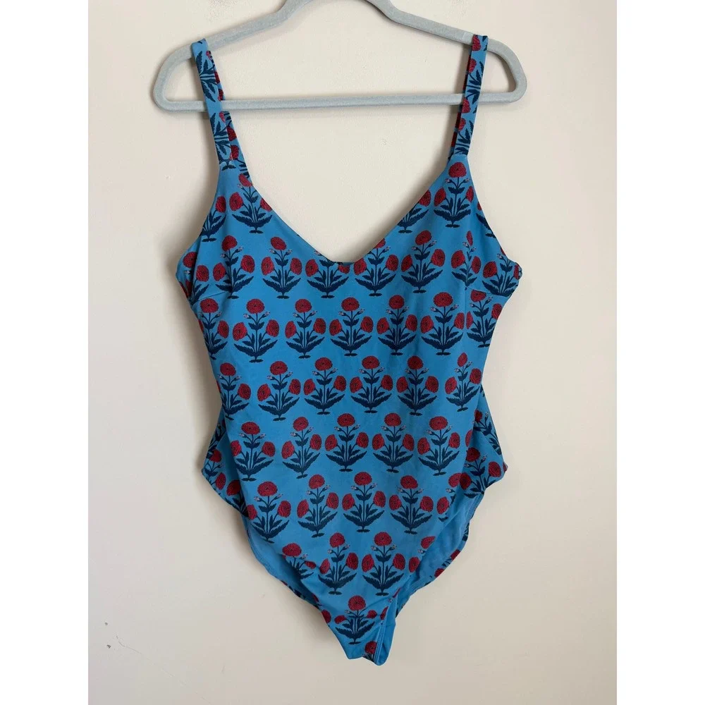 Andie Swimsuit One Piece Women XL Blue Red Floral Block Print V-Neck